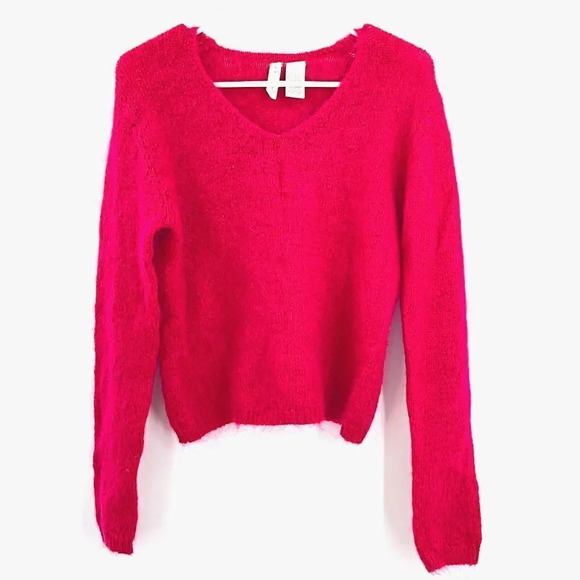 Vintage Twiggy V-Neck Sweater Mohair Blend Womens L Magenta‎ Long Sleeve Knit - Picture 1 of 7